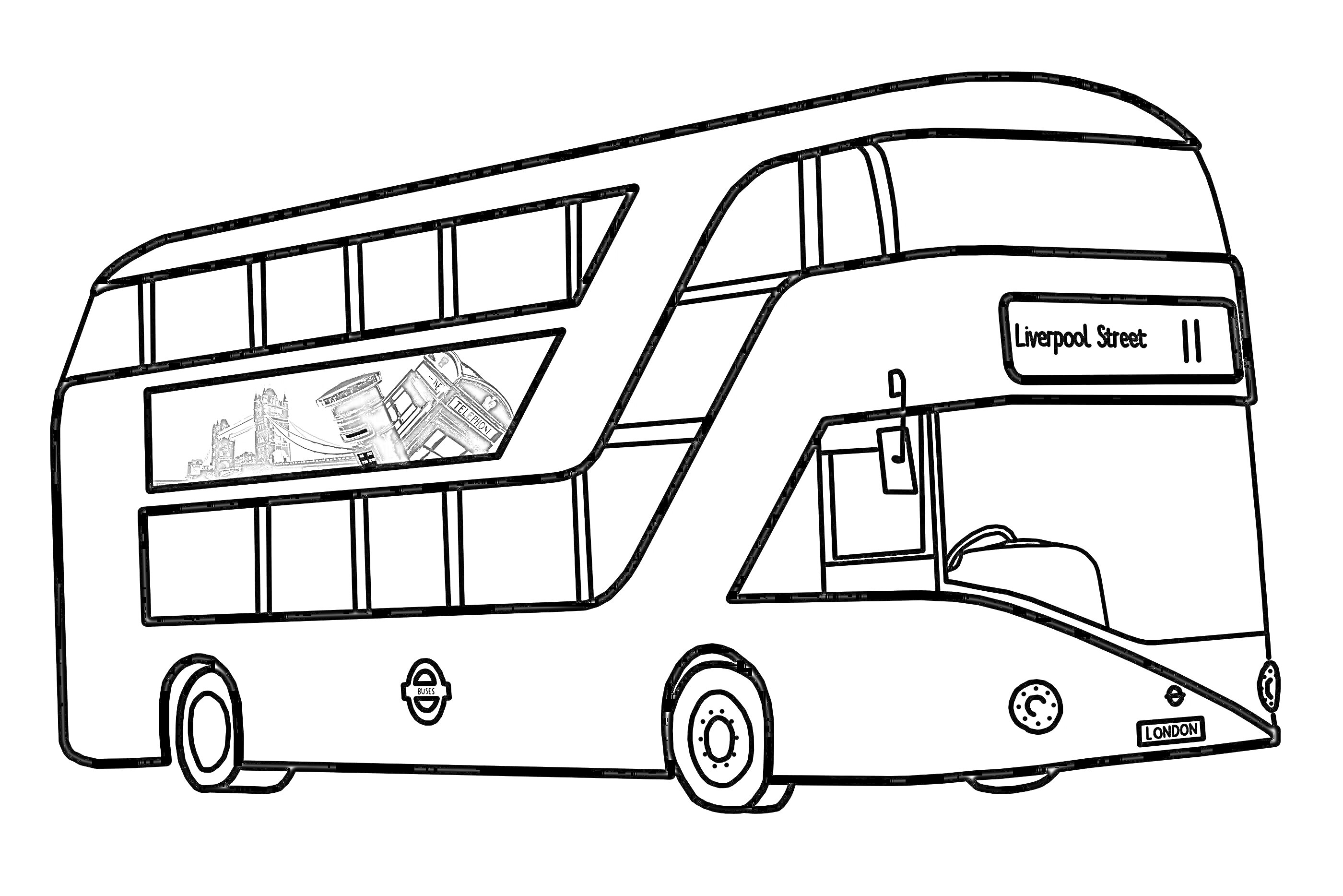 На раскраске изображено: Автобус, Двухэтажный автобус, Лондон, Телефонная будка, Здания