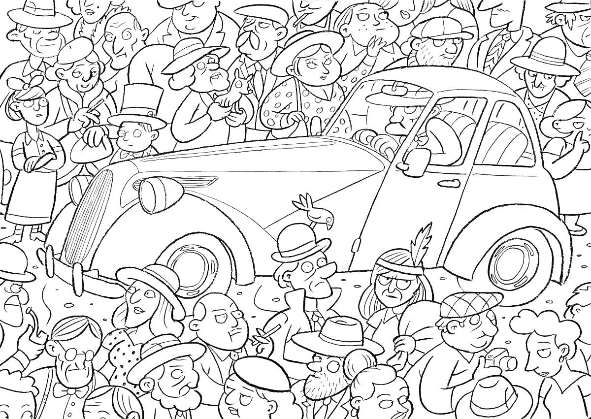 Раскраска Винтажный автомобиль и толпа людей