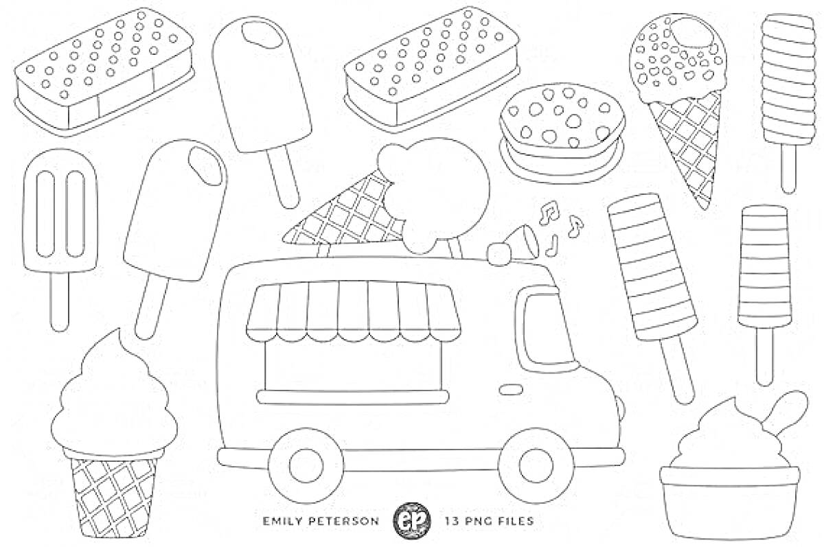 На раскраске изображено: Фургон, Мороженое, Эскимо, Сэндвич, Пломбир, Креманка