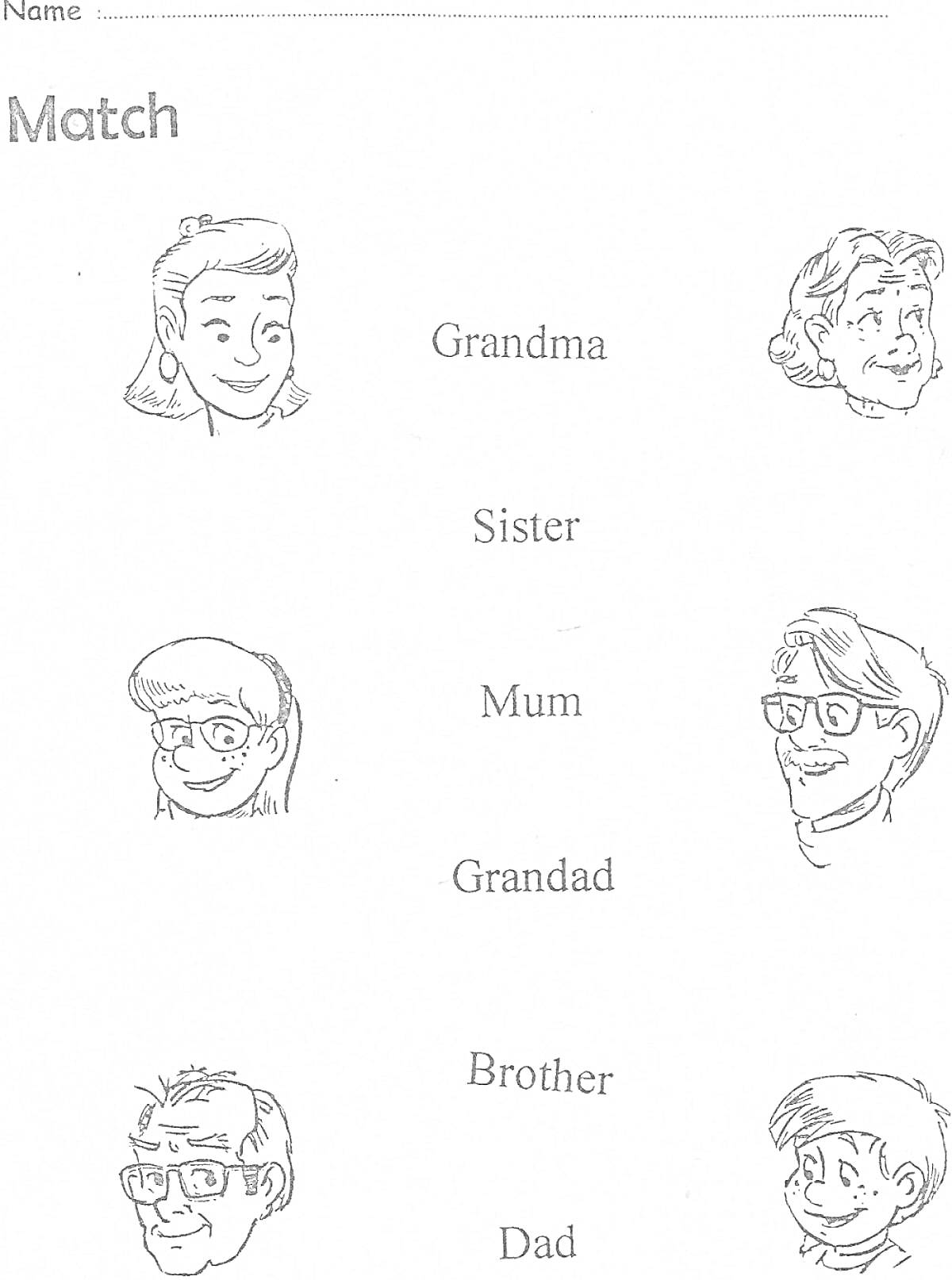 Раскраска Соотнесите члены семьи с их изображениями (Grandma, Sister, Mum, Grandad, Brother, Dad)