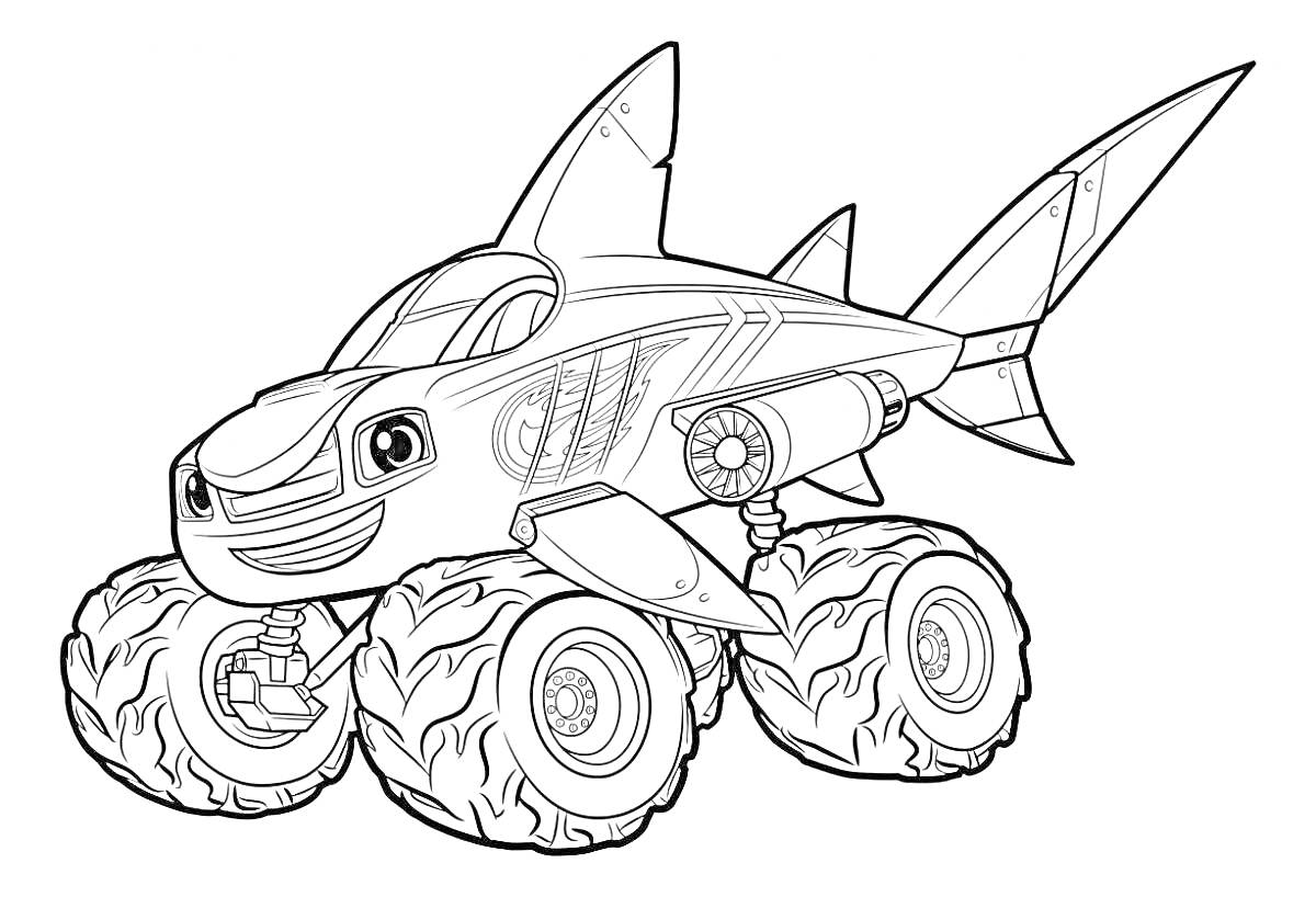 Раскраска Монстр-трак в форме акулы с мордочкой, плавниками и большими колесами