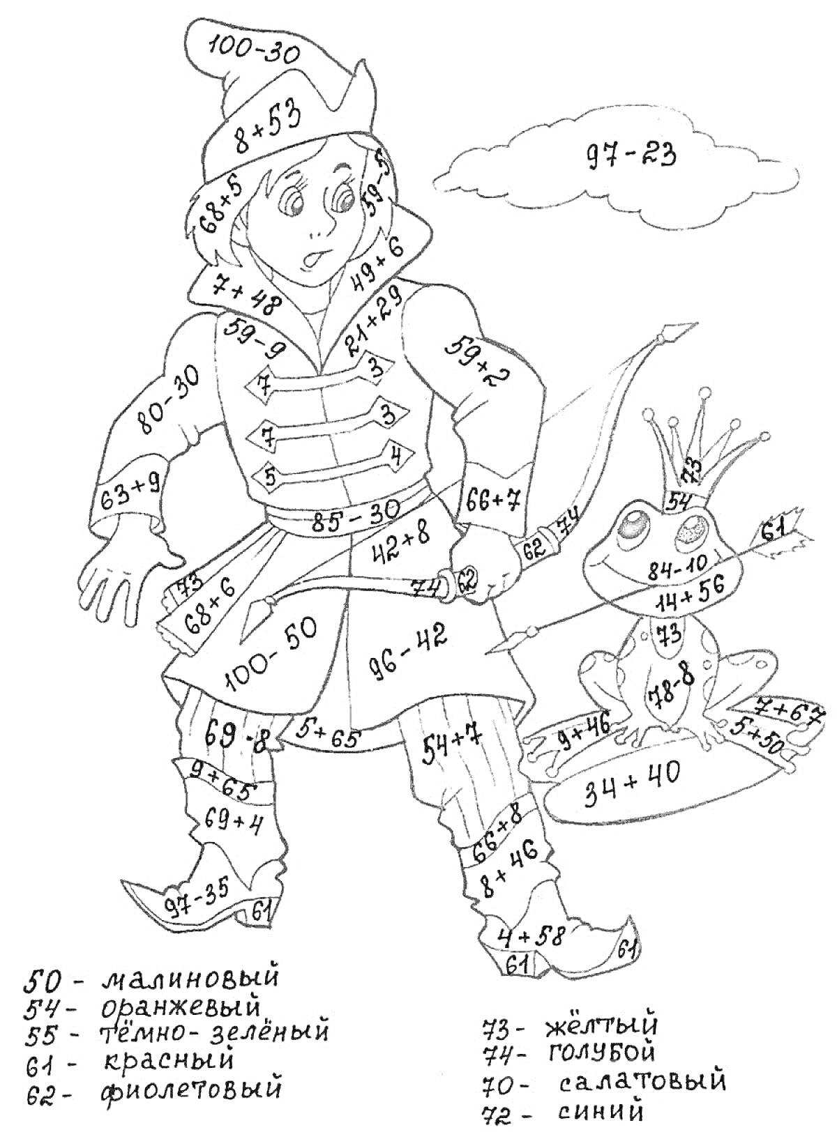 Раскраска Раскраска с множеством элементов, включающих мальчика в шляпе, держащего жабу с короной и стрелой, с математическими выражениями для сложения и вычитания в пределах 100
