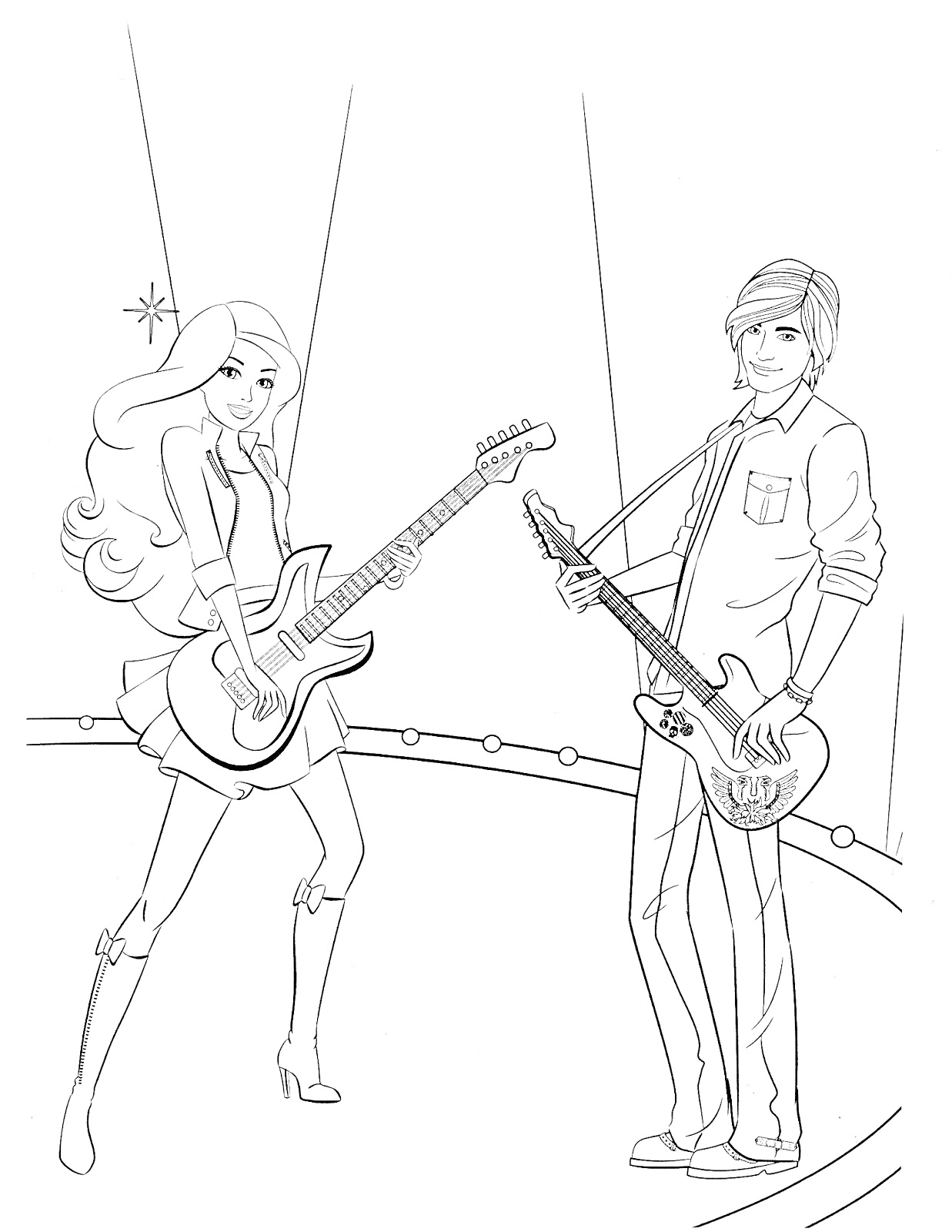 Раскраска Кен и девушка на сцене с гитарами