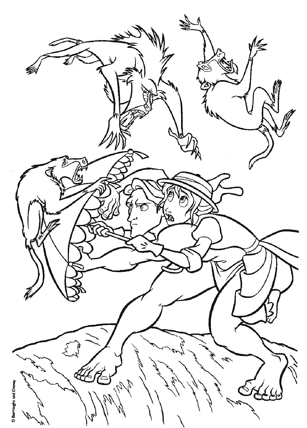 Раскраска Тарзан и Джейн защищаются от обезьян