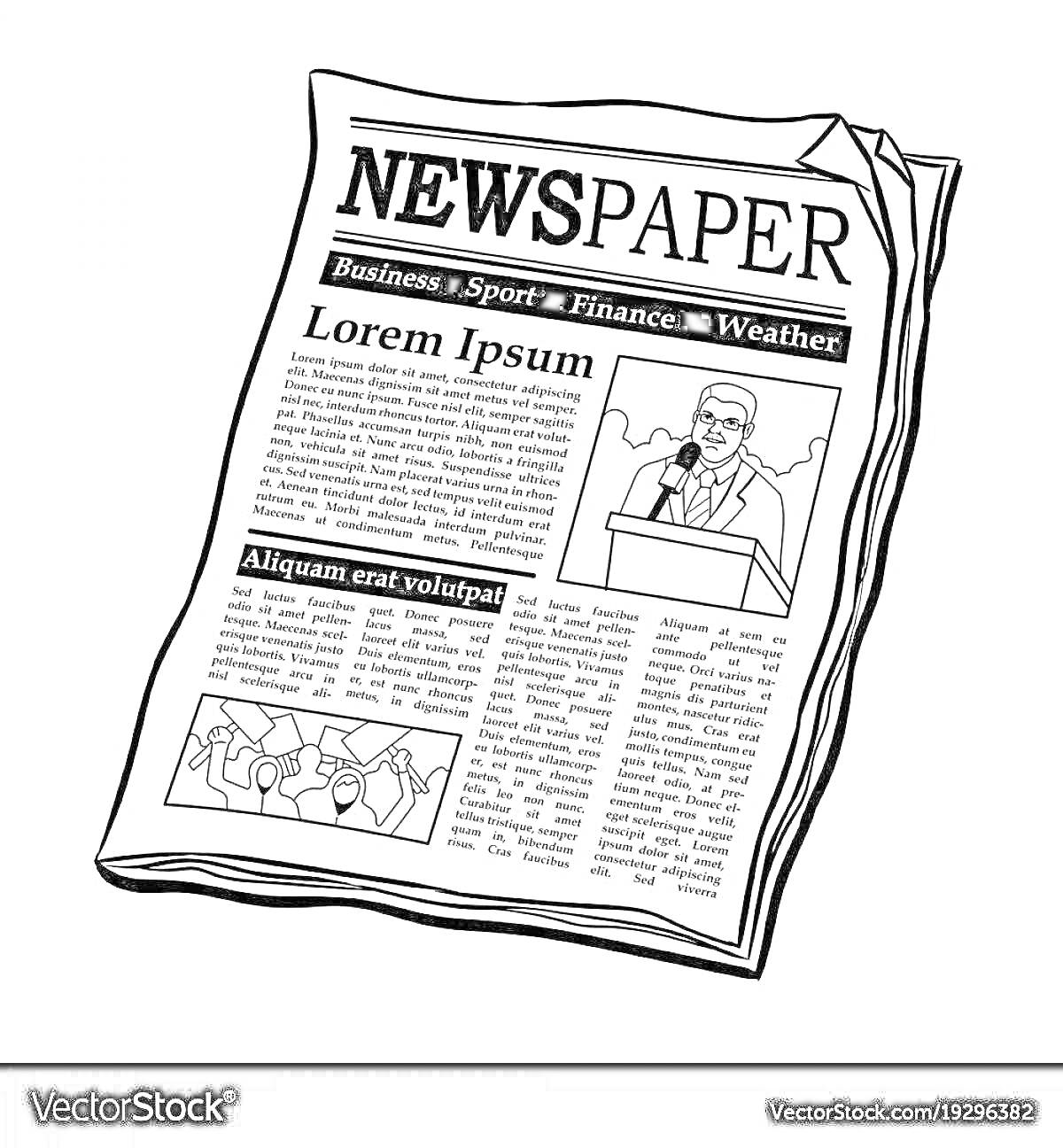 Раскраска Газета с заголовком NEWS PAPER, разделы Business, Sport, Finance, Weather, текстом Lorem Ipsum, изображениями и текстом.