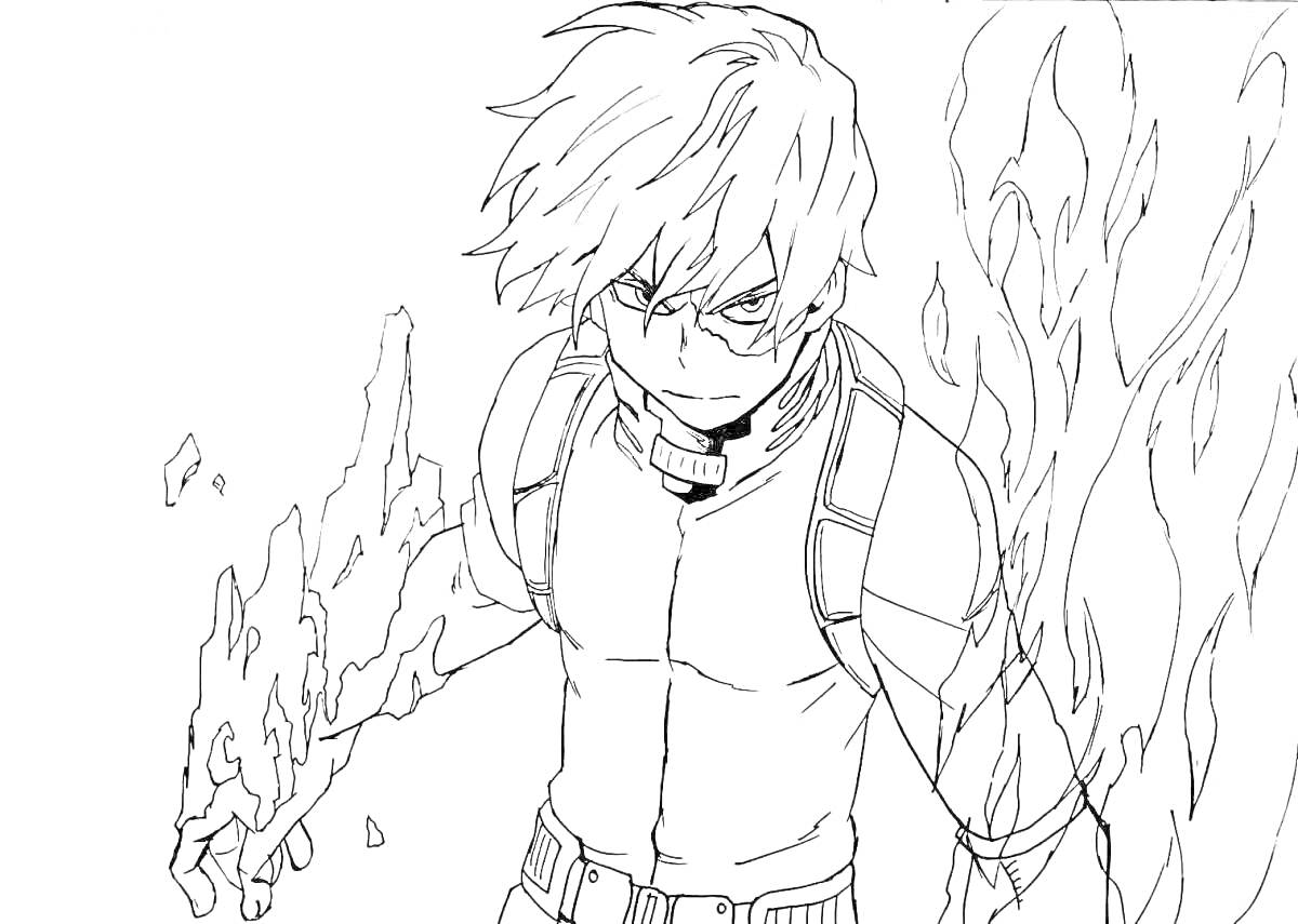 Раскраска Герой с огненной и ледяной рукой, юноша с мечущимися волосами в защитном костюме