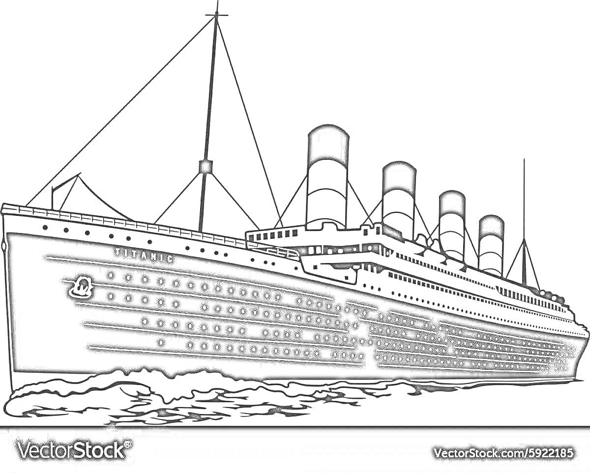 На раскраске изображено: Лайнер, Корабль, Круизный лайнер, Иллюминаторы, Море, Волны