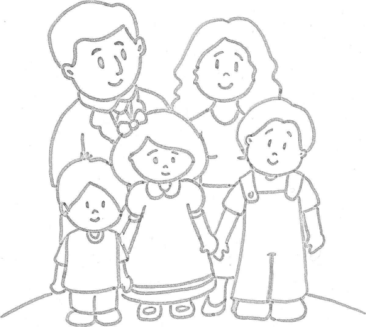 Раскраска Вся семья вместе: папа, мама, сын, дочь и младший сын