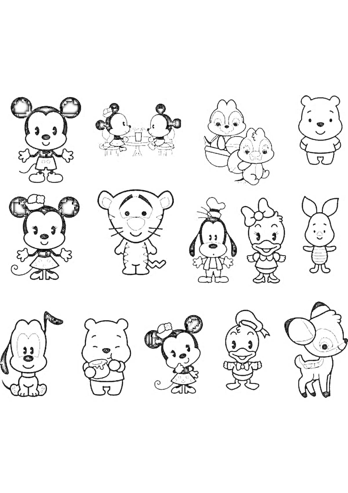 На раскраске изображено: Мышь, Медведь, Тигр, Олень, Мультяшные животные, Зайцы, Утка