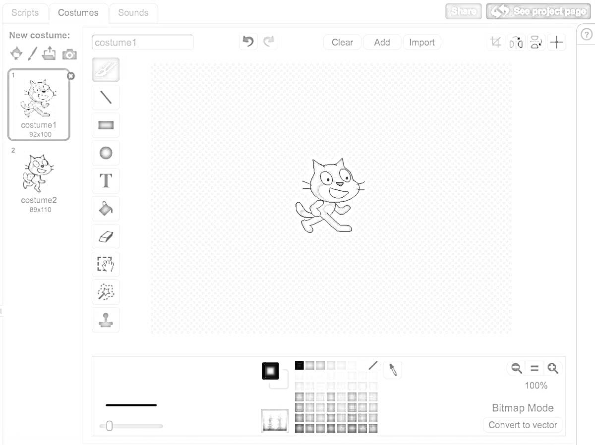 Скриншот редактора Scratch с изображением кошки, панель инструментов, выбор цвета, кнопки управления, полотно для рисования.