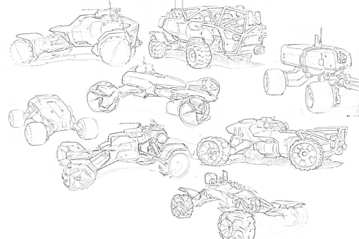 Раскраска Эскизы багги с разными конструкциями и деталями, 8 экземпляров в различных ракурсах