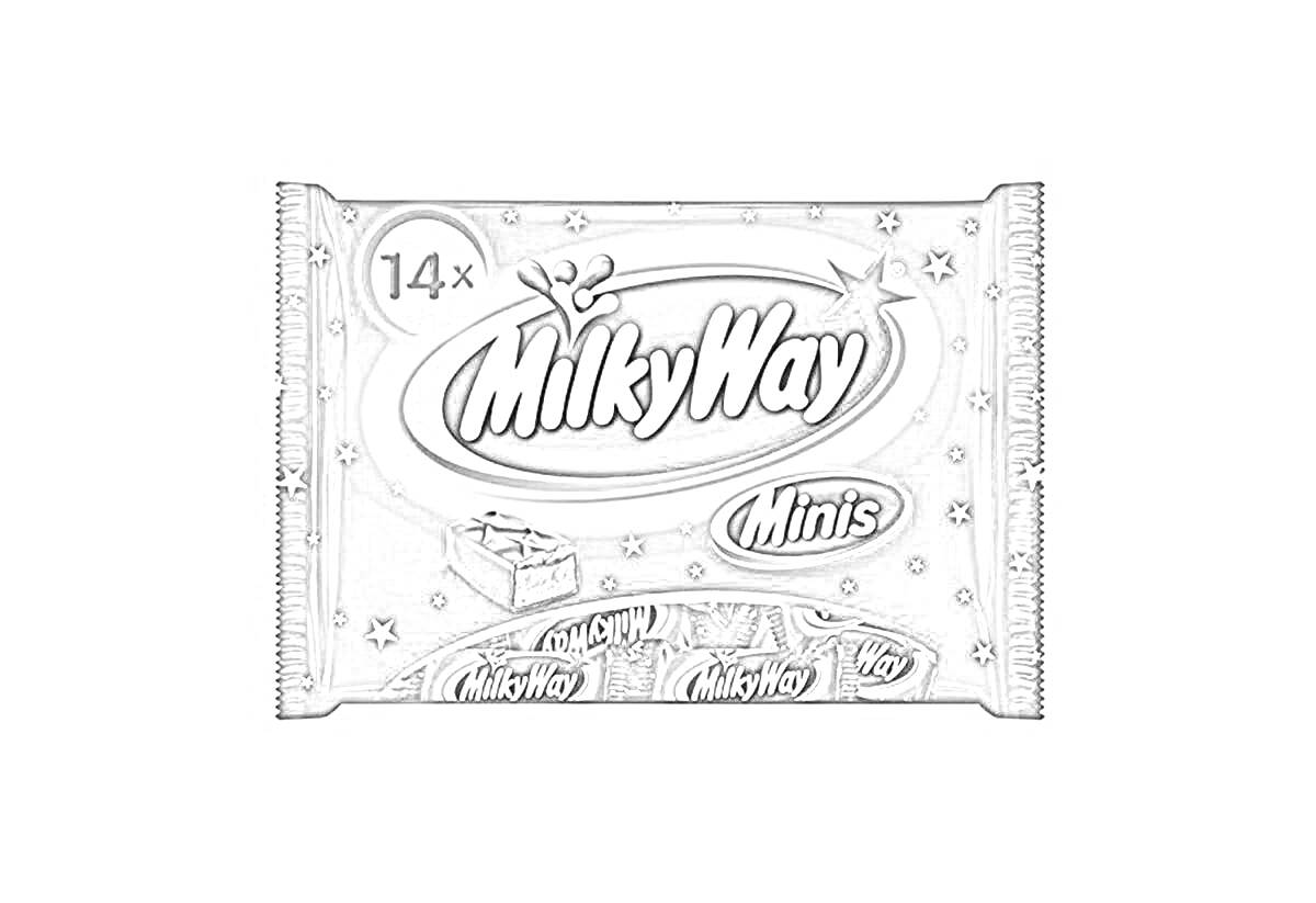 Раскраска Упаковка Milky Way Minis с 14 мини-батончиками и изображением развёрнутого батончика