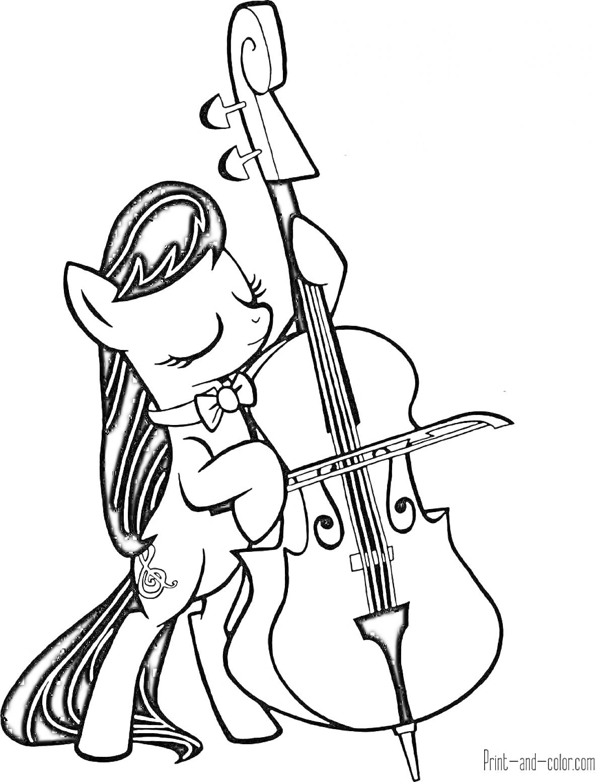 На раскраске изображено: Пони, Контрабас, Музыкальный инструмент, Длинные волосы, Музыкальные ноты, Бант