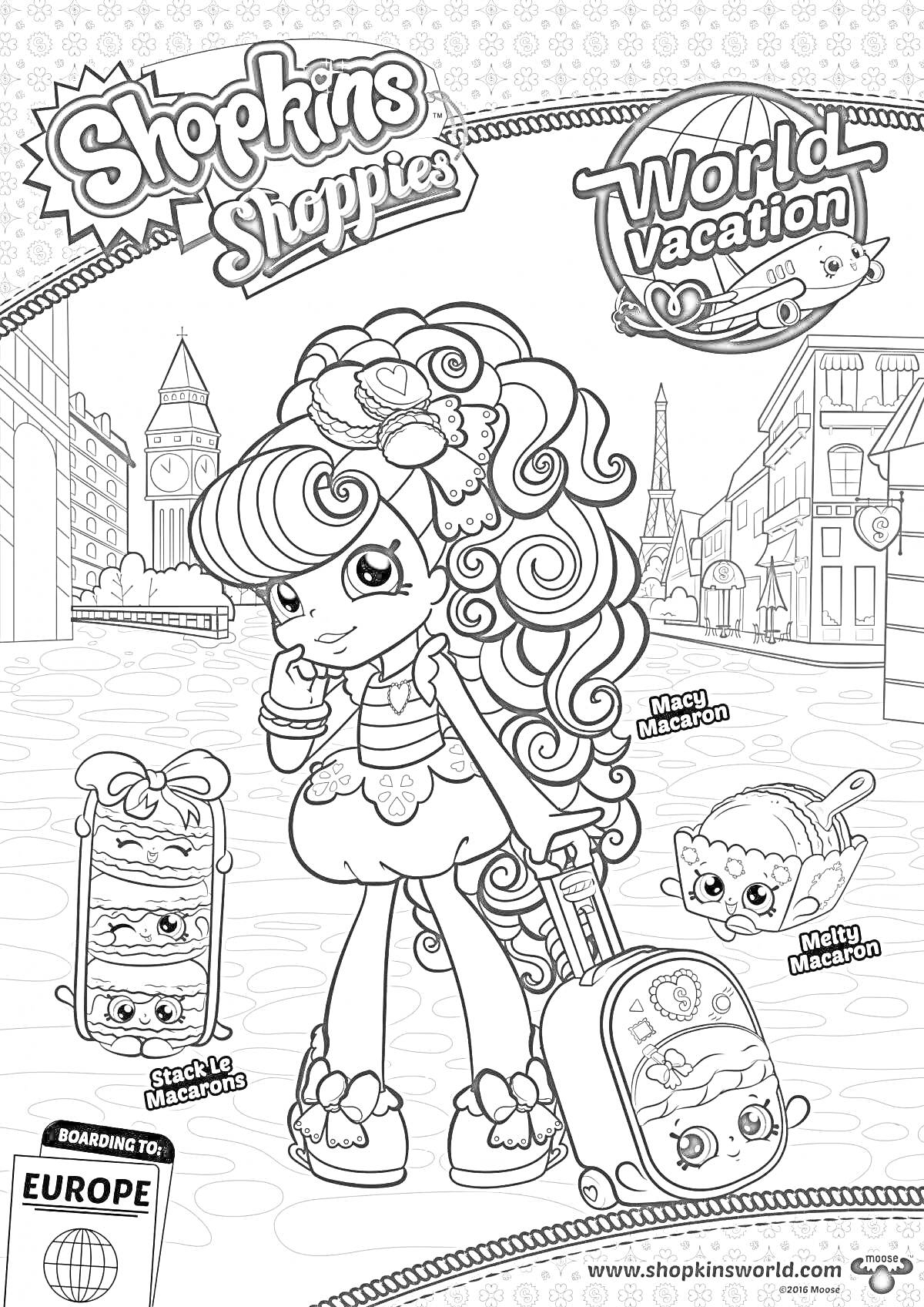 Раскраска Картинка-раскраска с изображением куклы Donatina из серии Shopkins Shoppies World Vacation на фоне европейского города. На изображении также есть наклейки с изображением Macy Macaroon и Mindy Macaron, а внизу страницы написано 