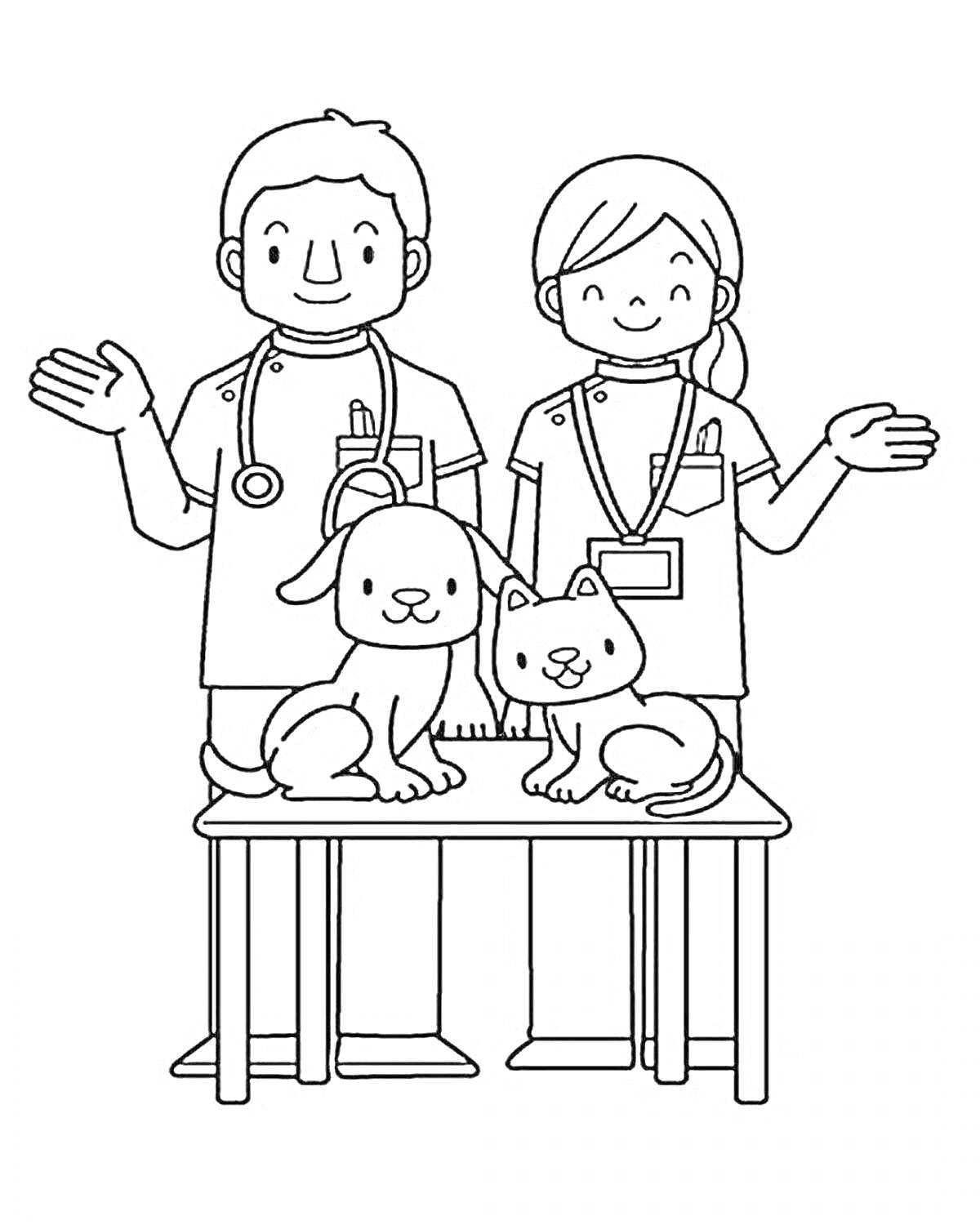 Раскраска ветеринары с собакой и кошкой на столе