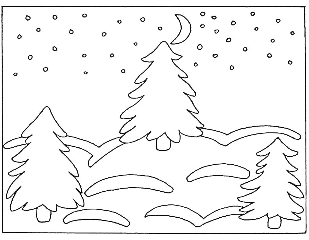 На раскраске изображено: Зимний пейзаж, Природа, Сосна, Снег, Звезды, Месяц
