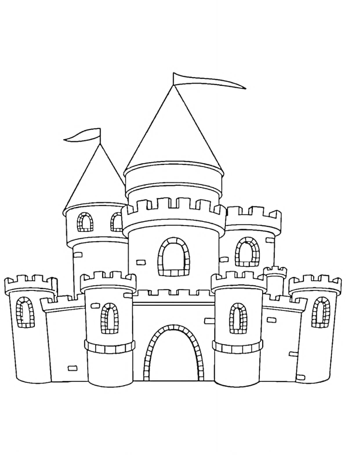 Раскраска Замок с башнями, зубчатой стеной и флагами