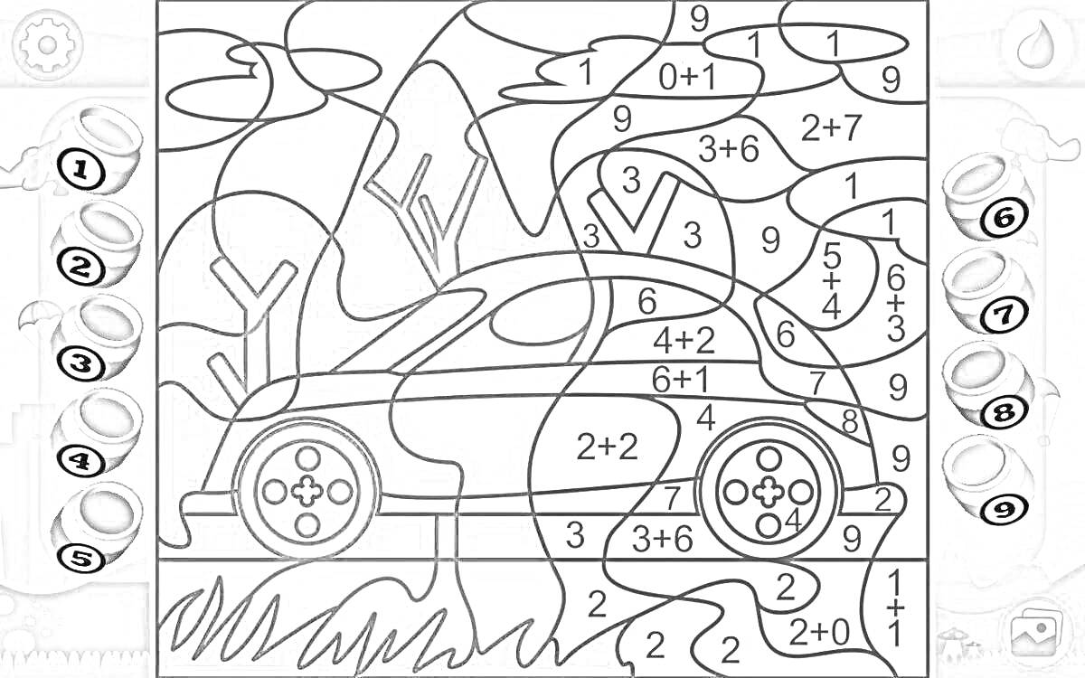 Раскраска Раскраска по номерам с машинкой, деревьями, горами и облаками на фоне
