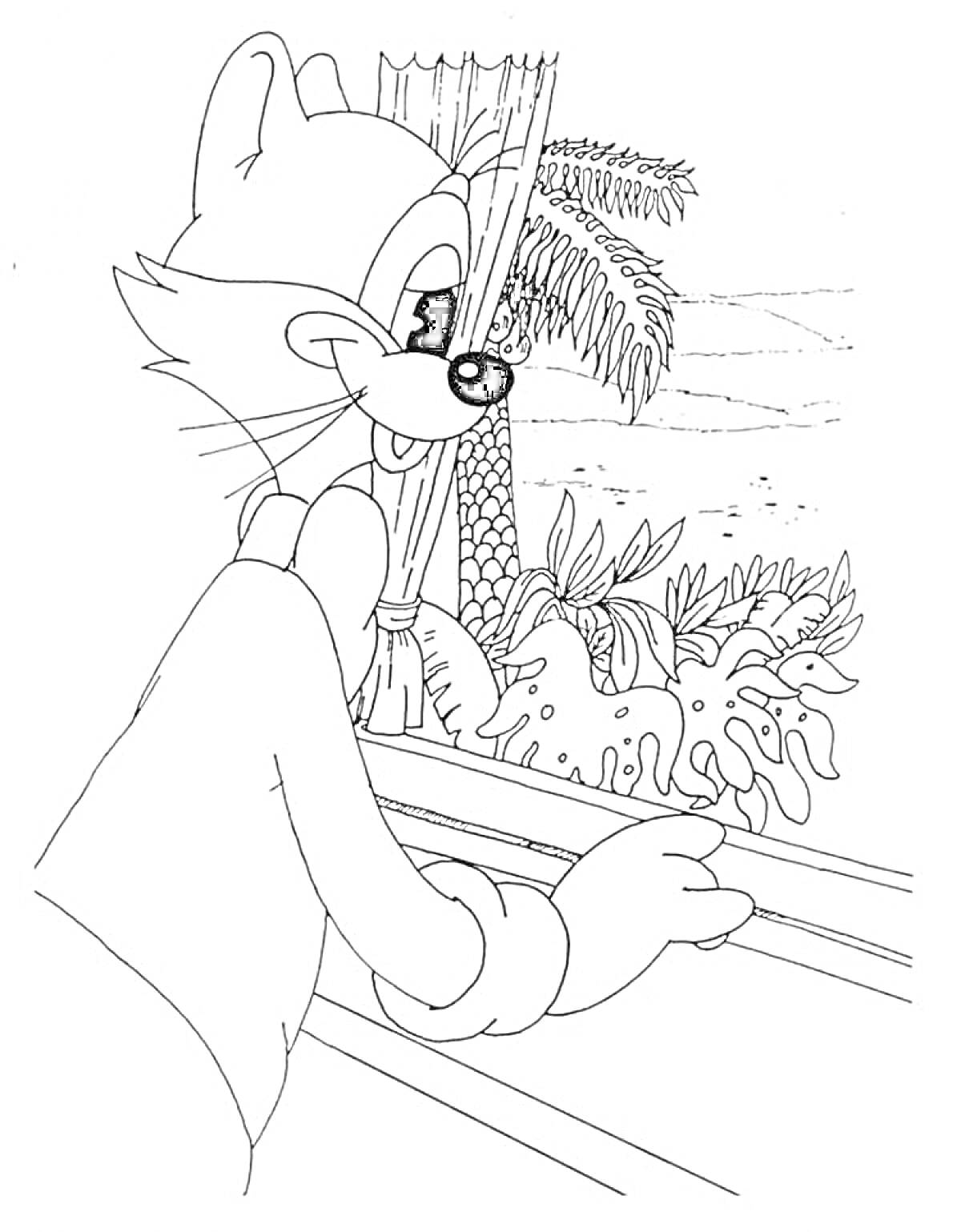 Раскраска Леопольд у окна, вид на пальмы и природу