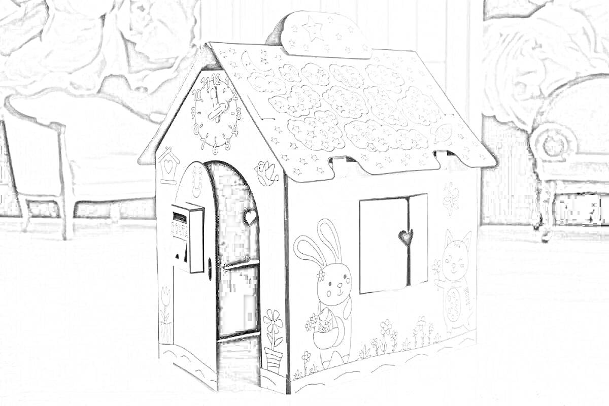 Раскраска Картонный домик-раскраска с рисунками животных и растений, с окнами в форме сердца и почтовым ящиком