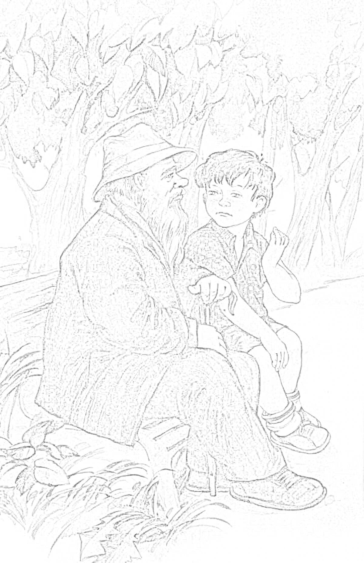 На раскраске изображено: Пожилой мужчина, Борода, Шляпа, Парк, Мальчик, Беседа, Деревья, Кусты, Лето