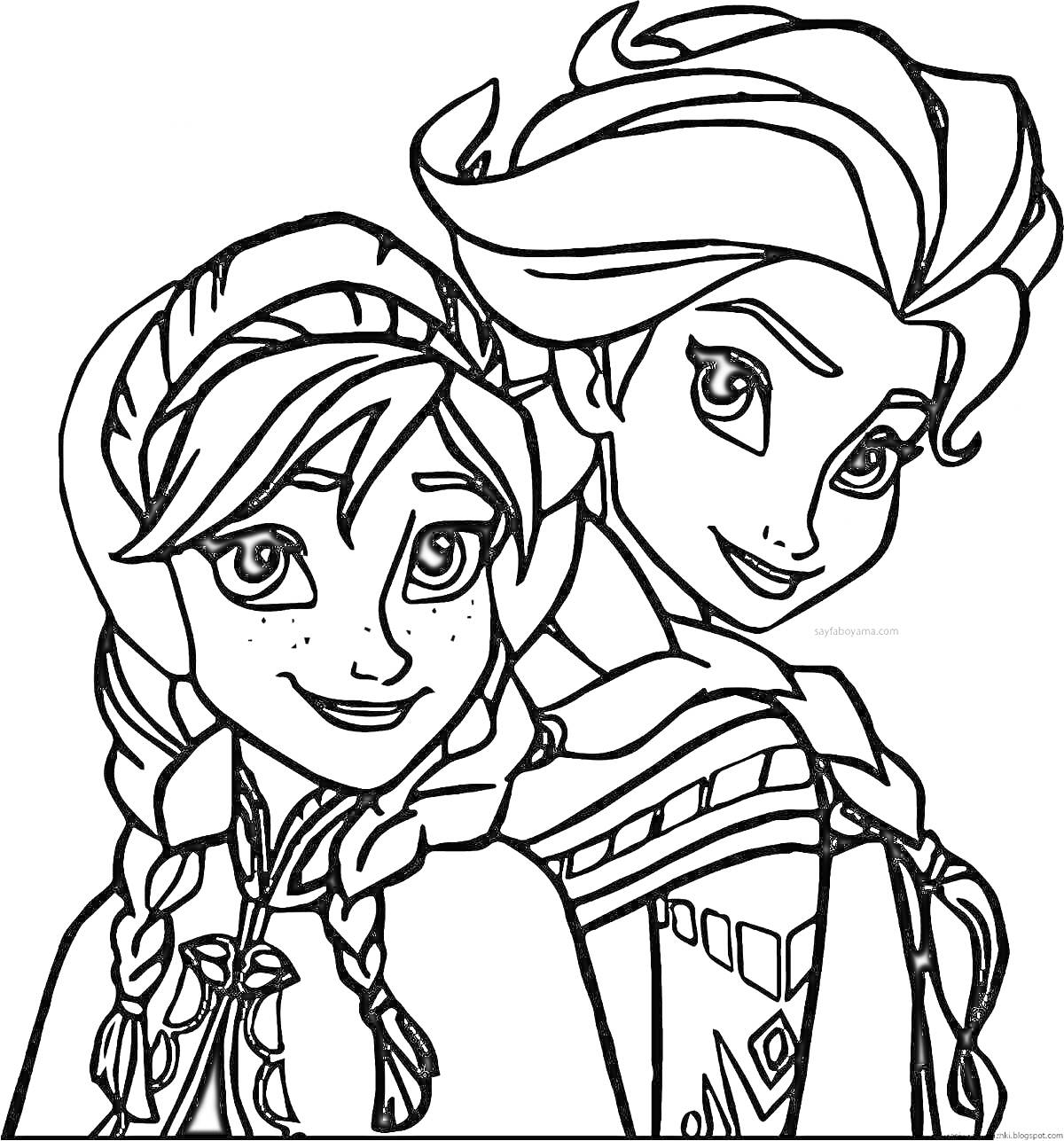 Раскраска Две принцессы с косичками и узорными одеждами