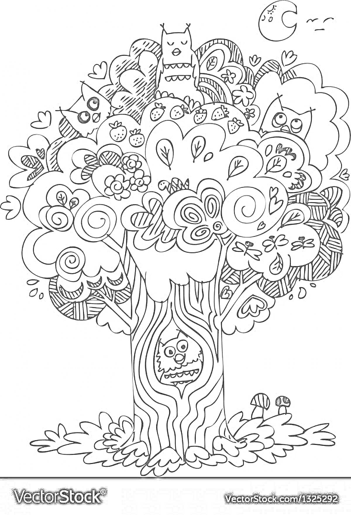 На раскраске изображено: Цветы, Грибы, Месяц, Звезды, Природа, Чудо дерево, Корней Чуковский