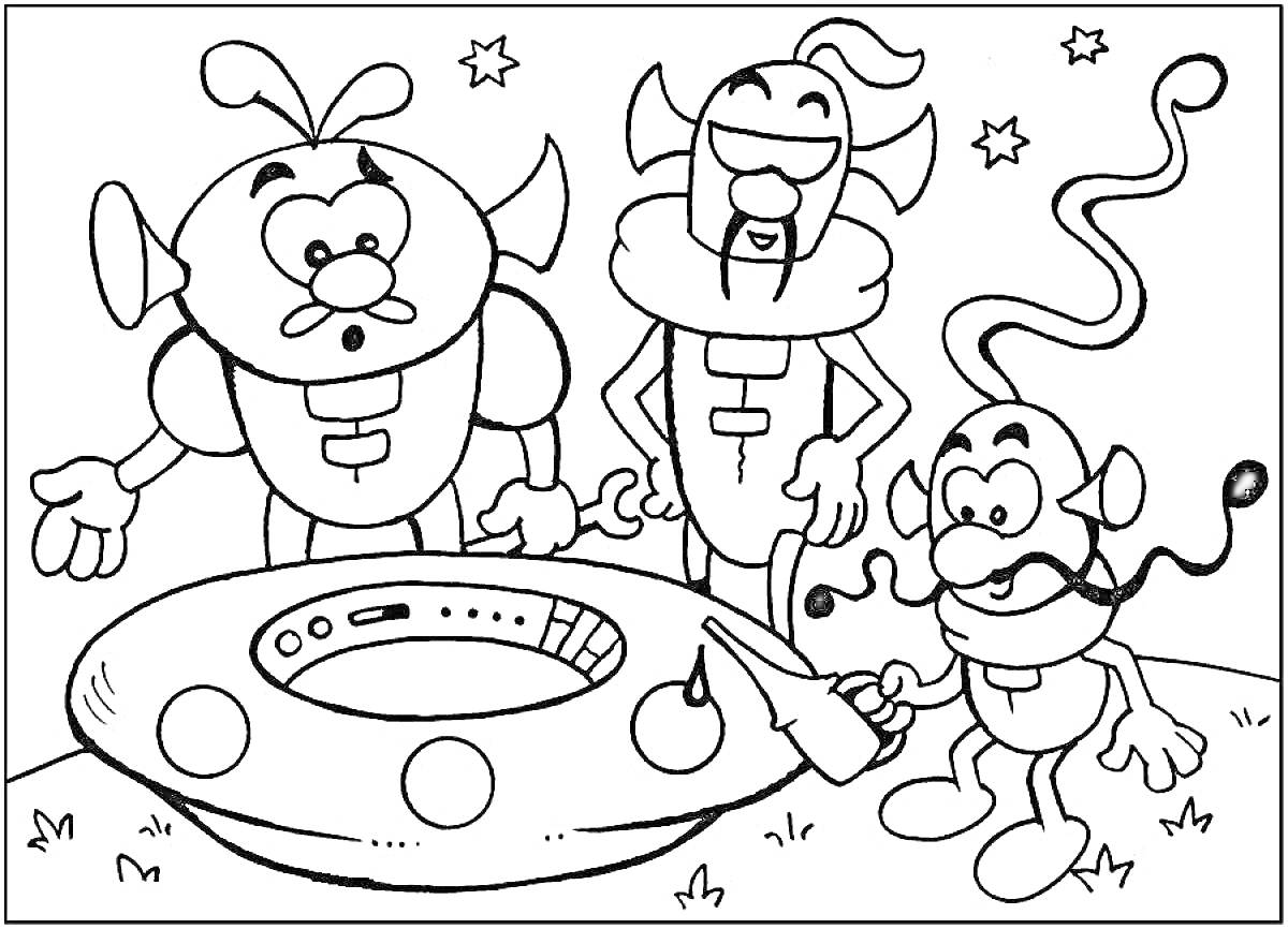 На раскраске изображено: Инопланетяне, Поляна, Звезды, Для детей, Летающие тарелки
