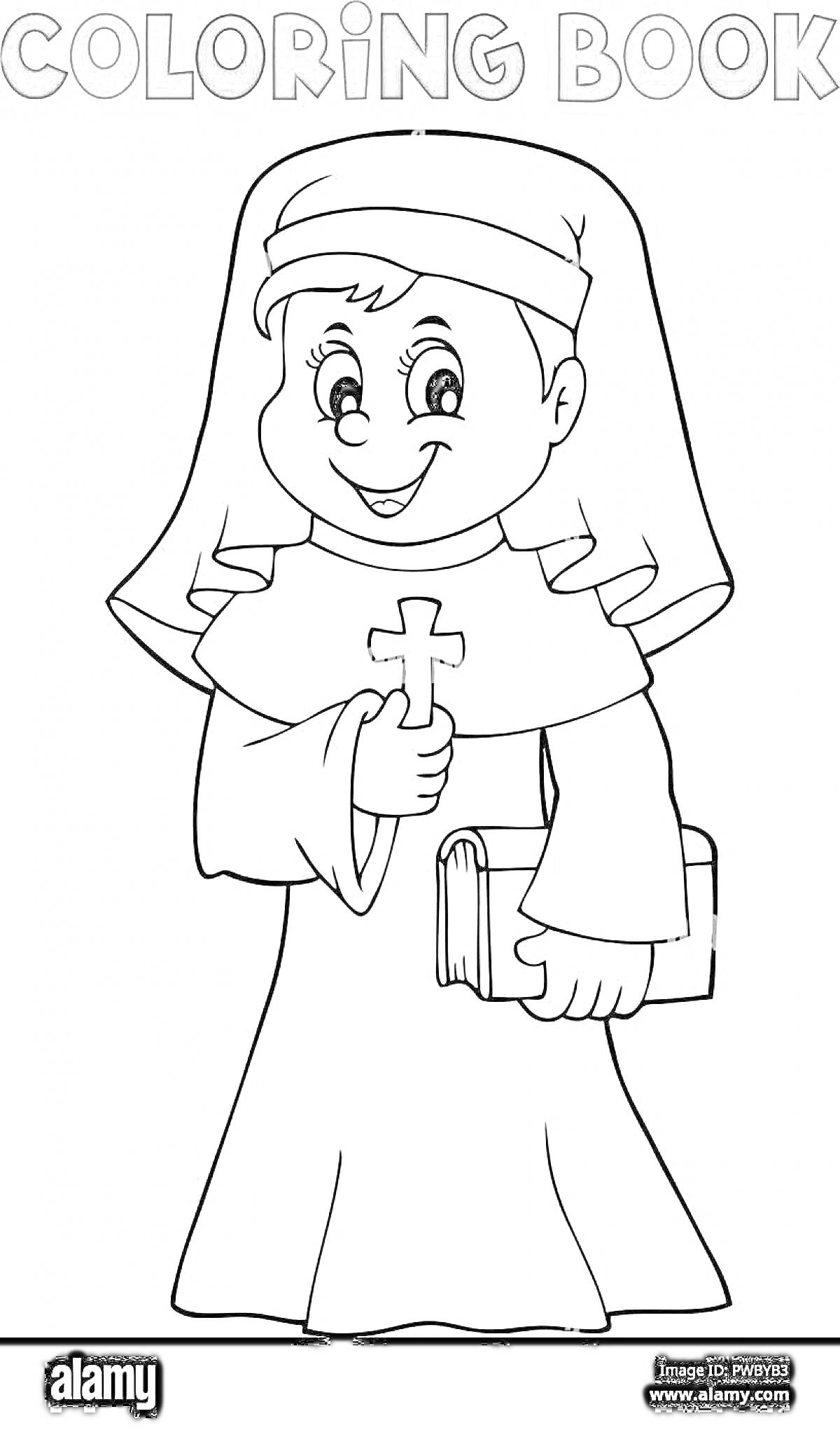 Раскраска Монашка с крестом и книгой