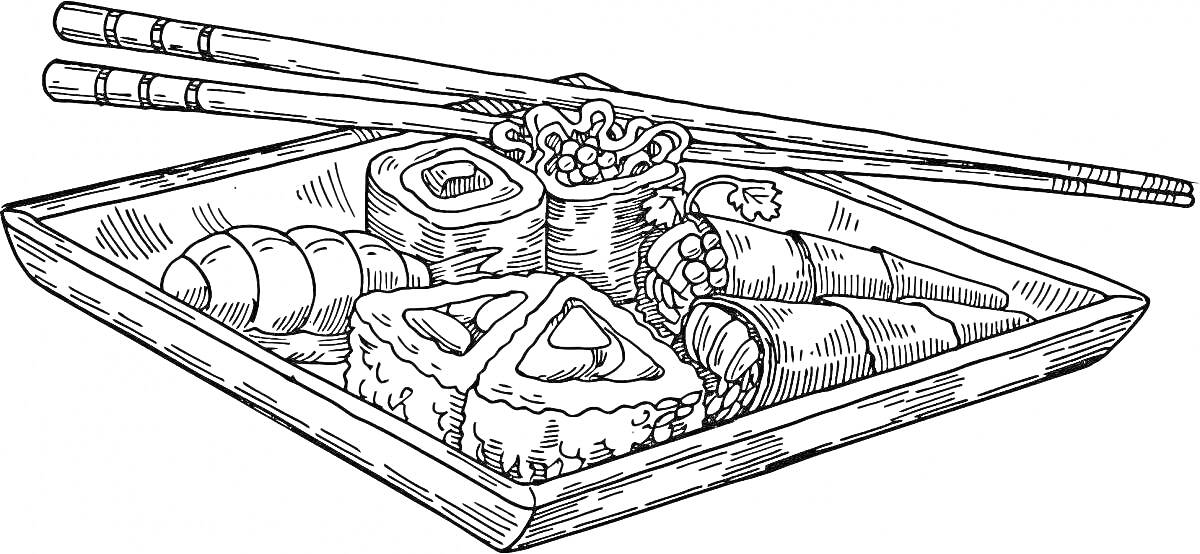 На раскраске изображено: Суши, Роллы, Тарелка, Палочки для еды, Еда, Морепродукты, Рис