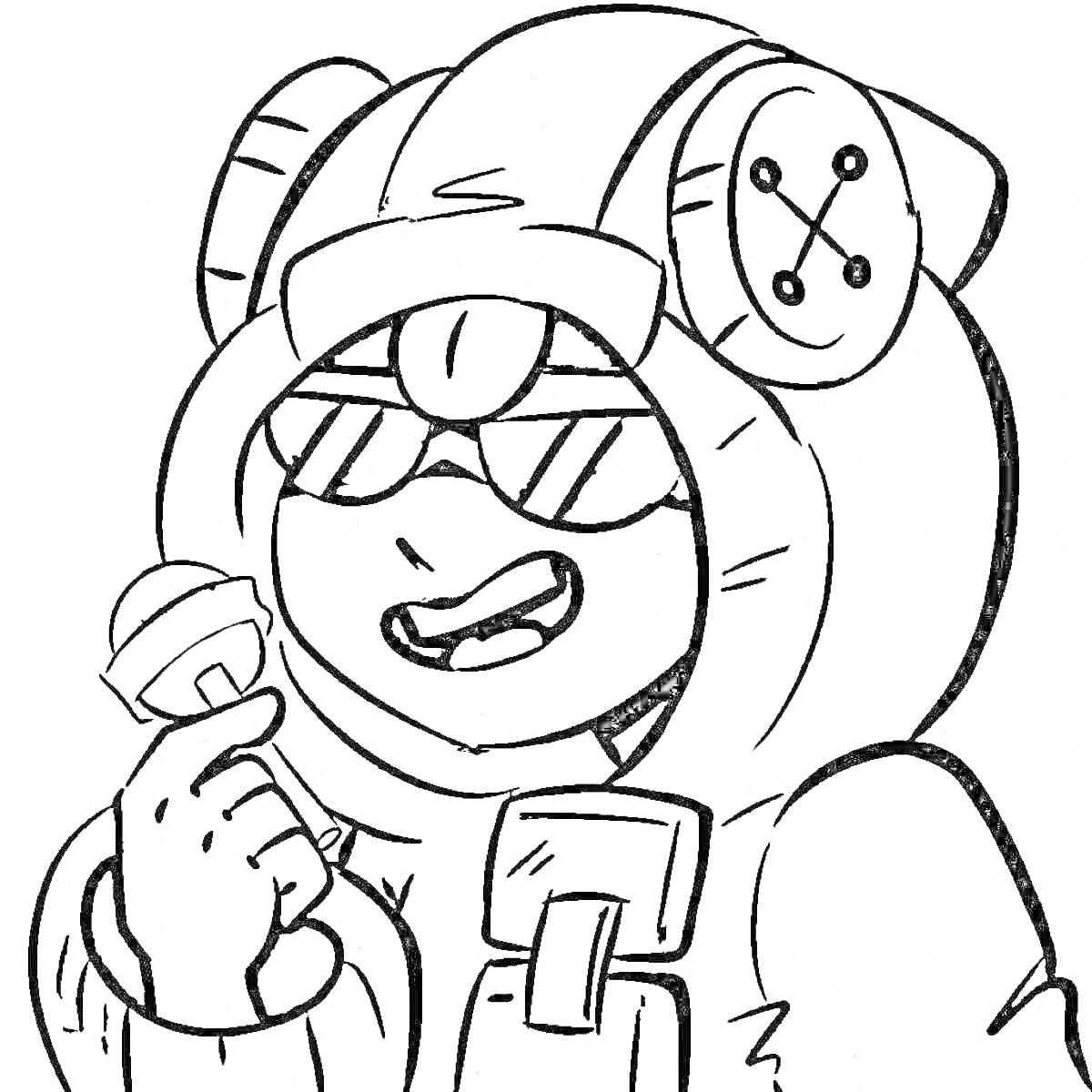 На раскраске изображено: Микрофон, Капюшон, Очки, Уши