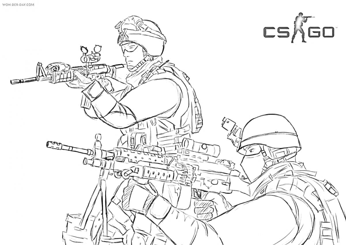 Раскраска Два солдата с автоматами в боевой форме, надпись CS:GO в верхнем правом углу