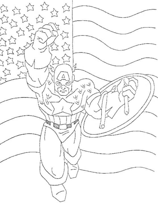 На раскраске изображено: Герой, Щит, Маска, Флаг, Звезды, Полосы, Первый Мститель, Комиксы, Супергерои