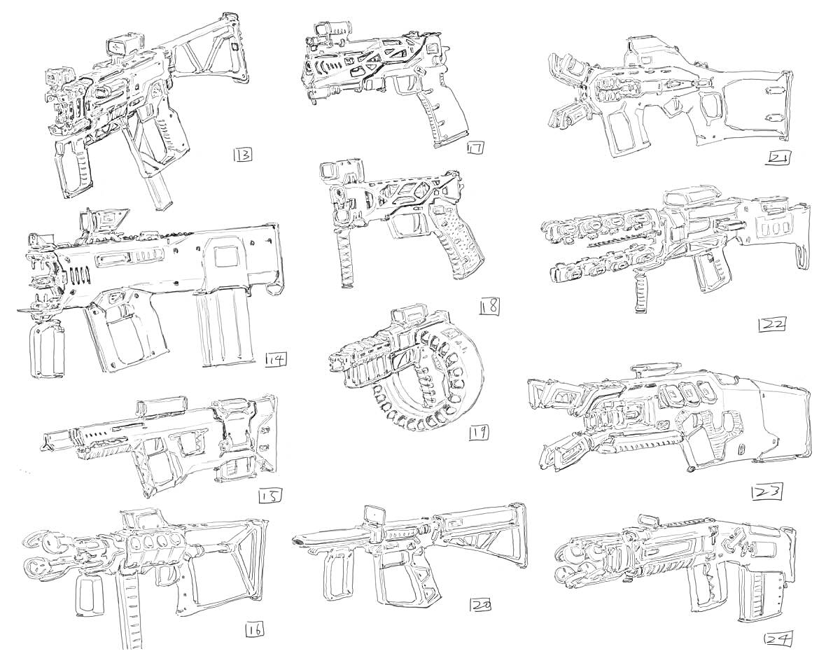 Раскраска Огнестрельное оружие с прицелами, магазинами и различными элементами.