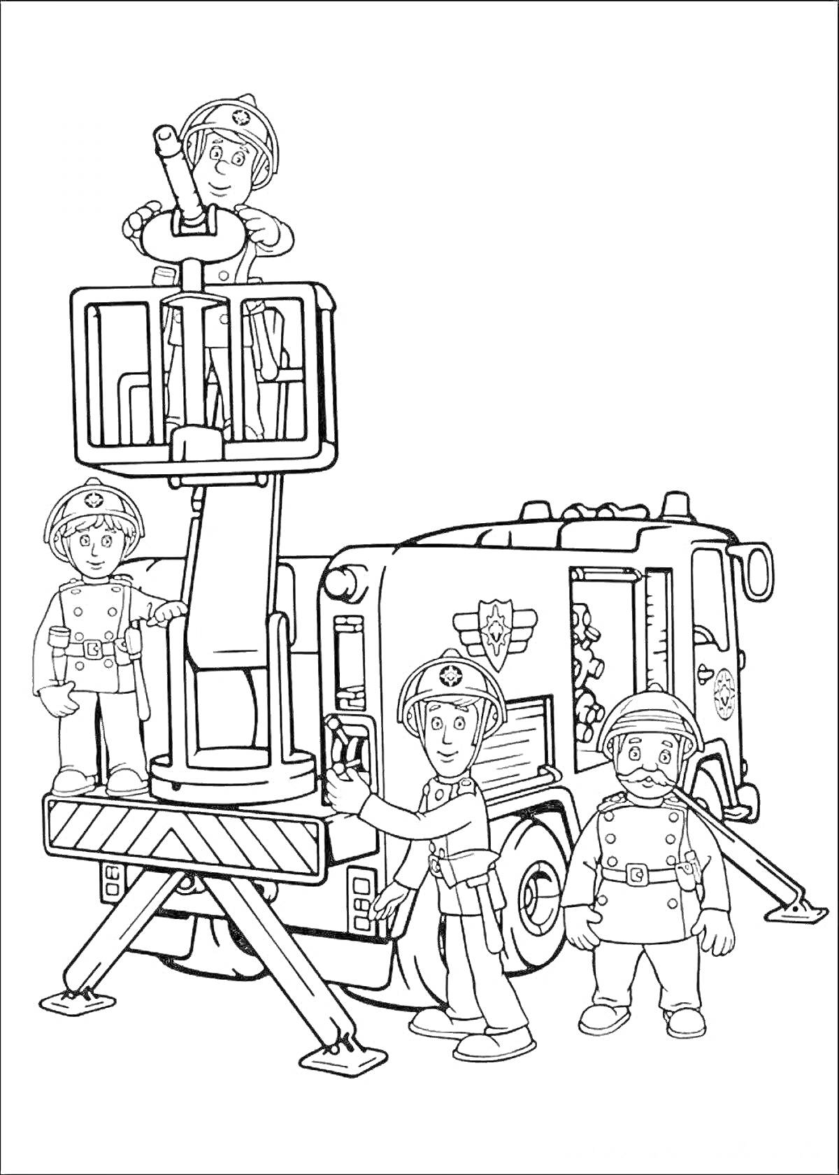 На раскраске изображено: Пожарный Сэм, Пожарные, Пожарная машина, Команда, Спасатели, Служба спасения, Приключения