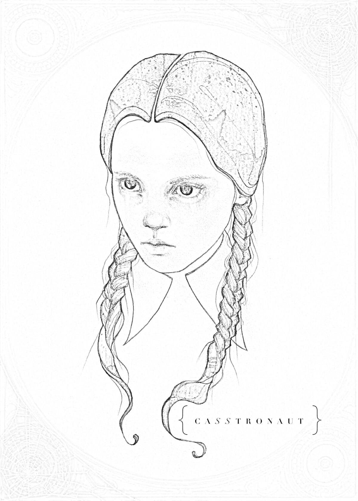 Раскраска Портрет персонажа из сериала Уэнсдей с двумя косичками, в белом воротничке на сером фоне с паутиной