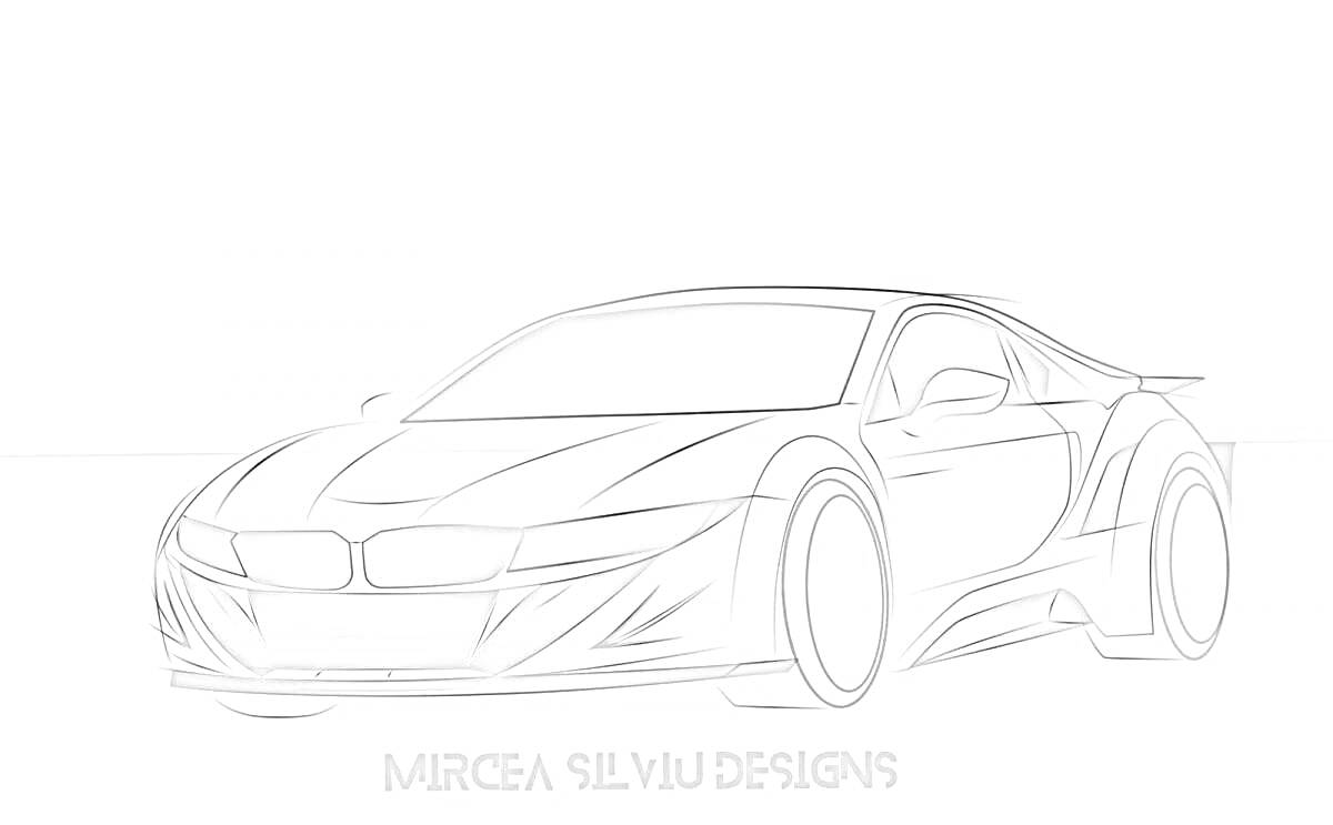 Раскраска BMW i8, эскиз суперкара, текст дизайнера 