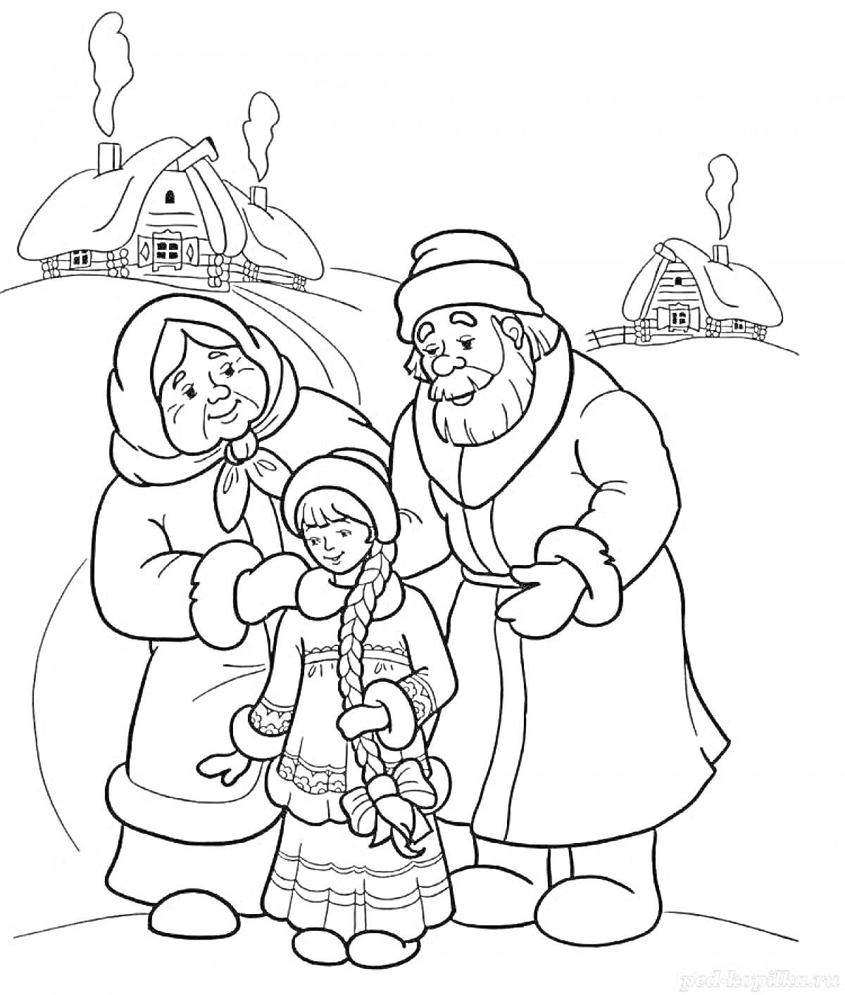 На раскраске изображено: Снегурочка, Бабушка, Зима, Деревня, Снег, Пейзаж, Дед, Русские народные сказки