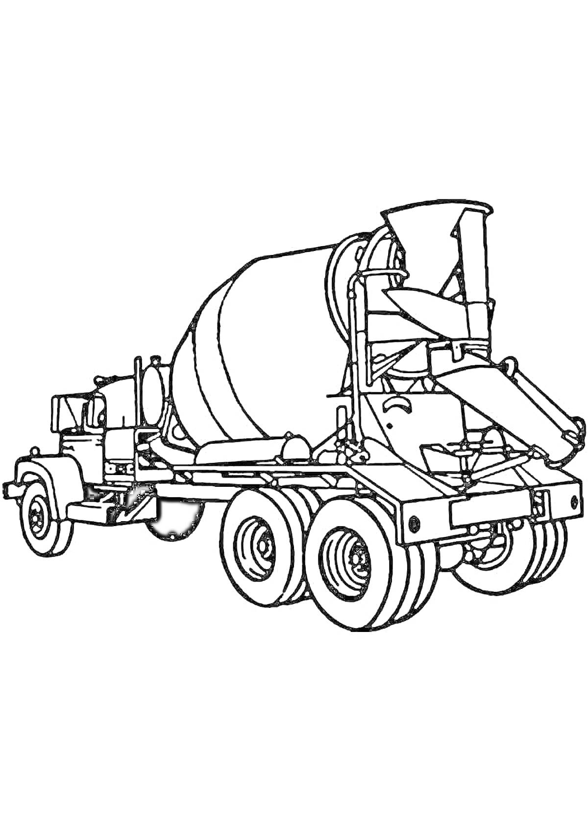 На раскраске изображено: Цементовоз, Транспорт, Строительная техника, Цистерна, Колёса, Лестница, Лоток