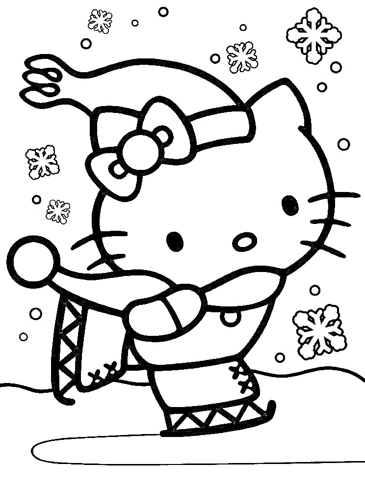 Раскраска Китти на коньках с шарфом и снежинками