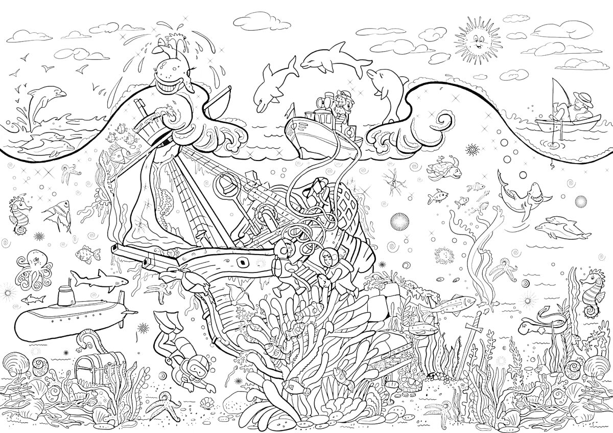 На раскраске изображено: Подводный мир, Затонувший корабль, Подводная лодка, Дельфины, Водоросли, Пляж, Яхта, Солнце