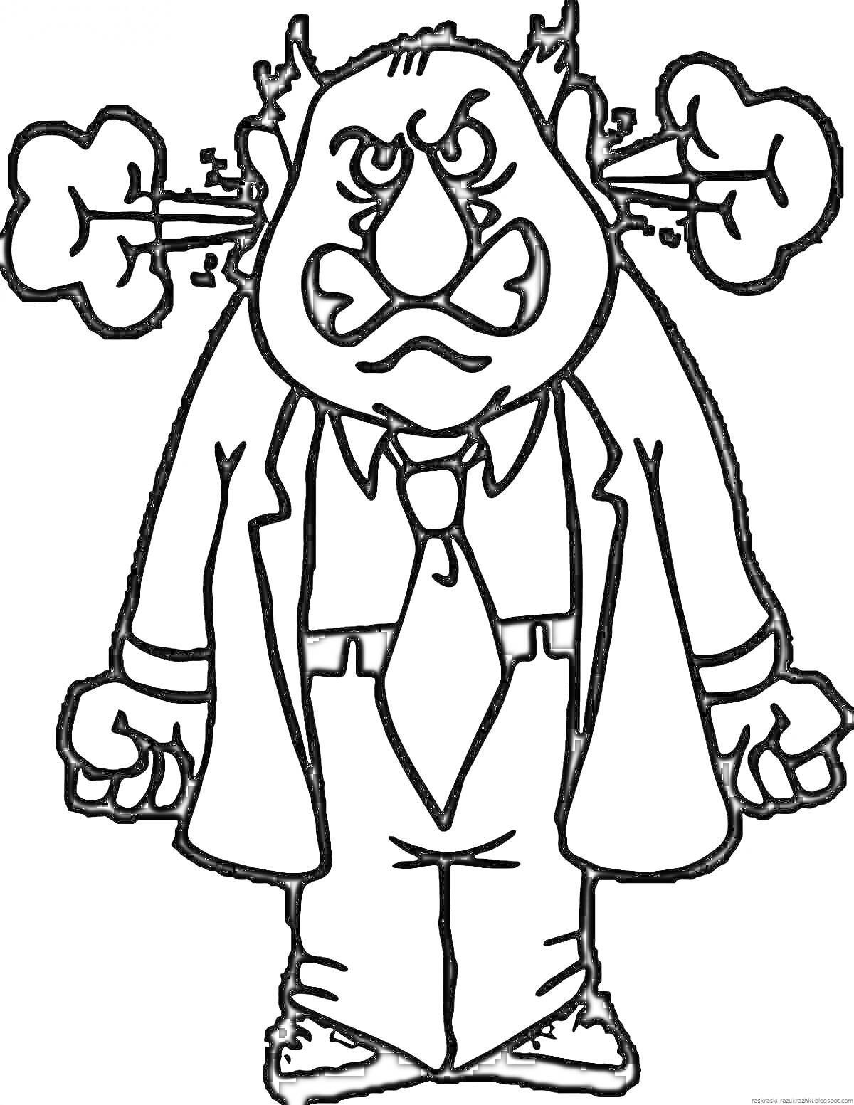 Раскраска Злая учительница с сердитым лицом, пар выходящий из ушей, в костюме и галстуке