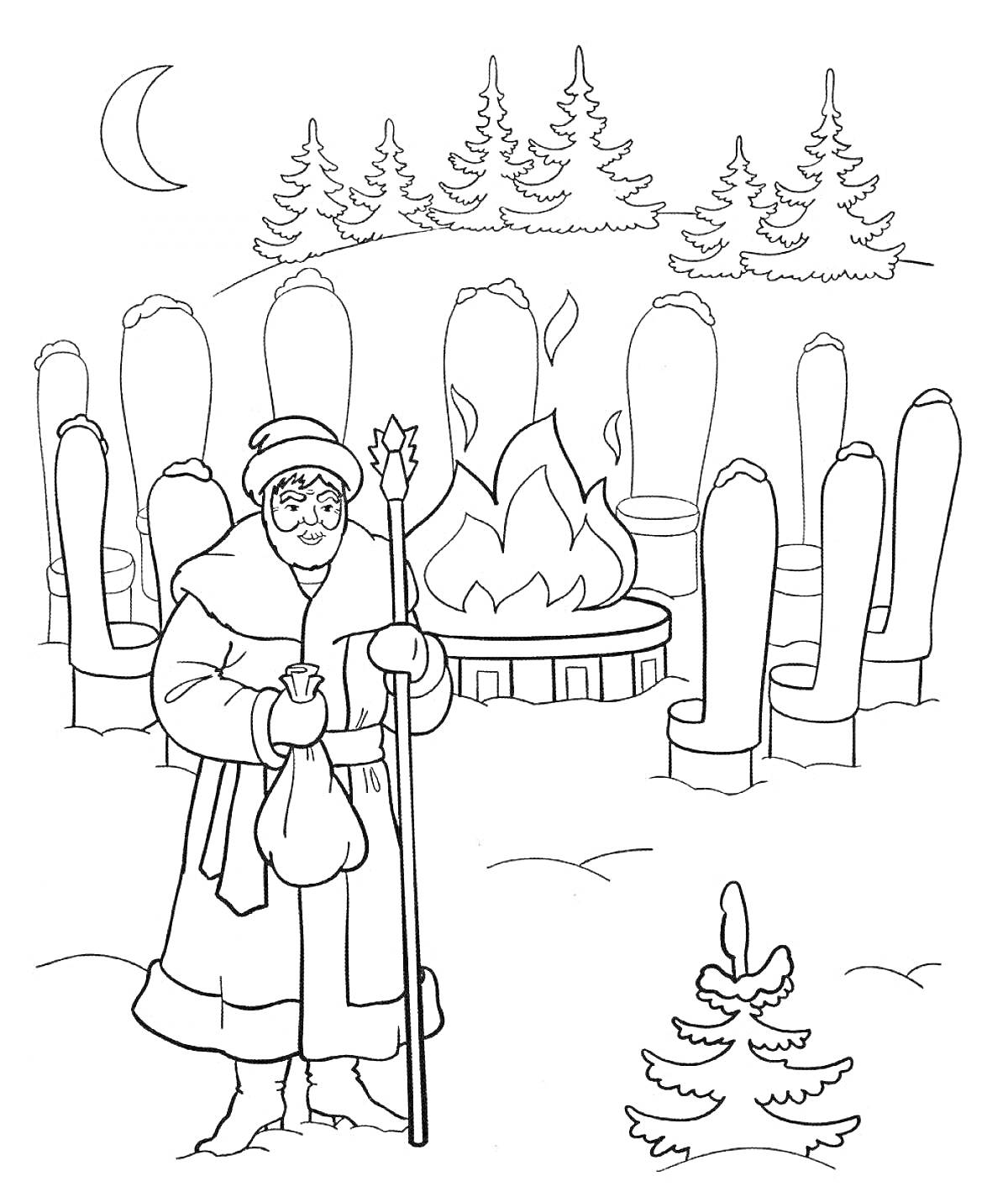 На раскраске изображено: Старик, Костер, Зимний лес, Месяц, 12 месяцев, Зима