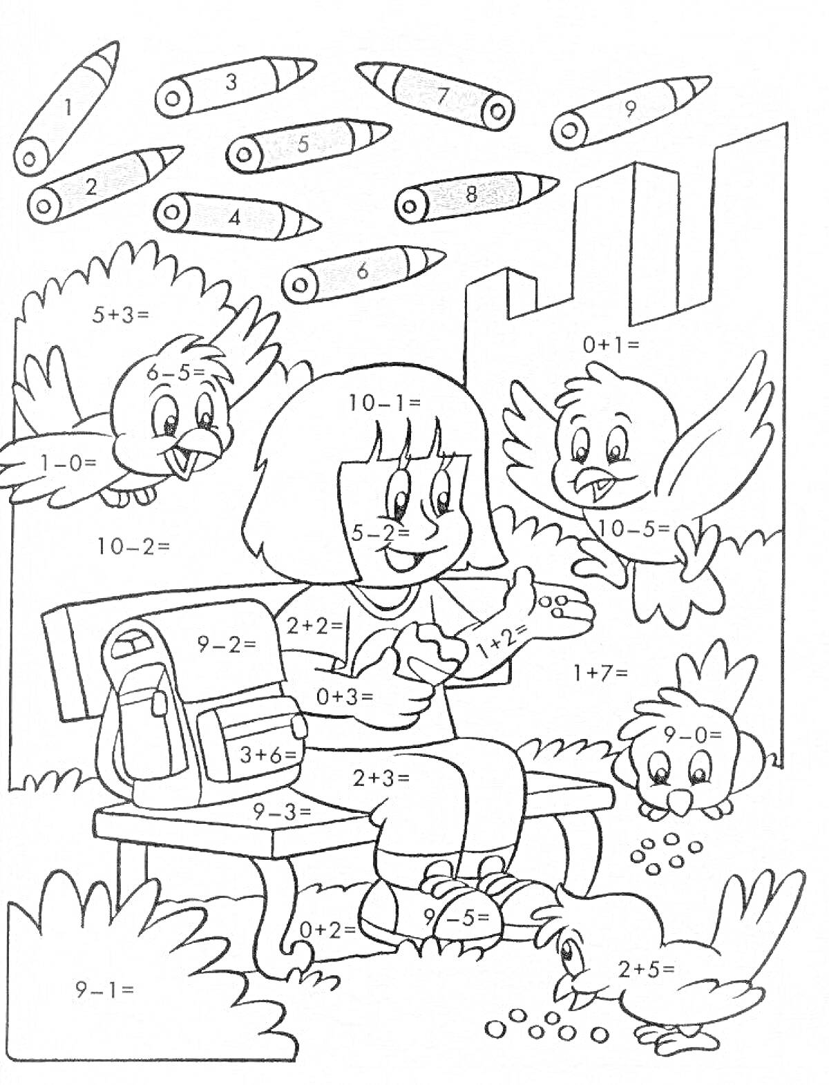 Раскраска Девочка с птицами, решающая математические задачи в парке, с деревьями, фоновыми зданиями и карандашами, красочными задачами