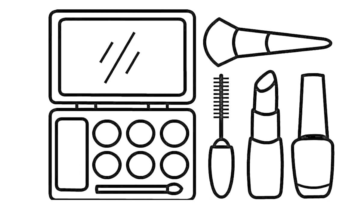 На раскраске изображено: Палетка теней, Кисть для макияжа, Помада, Лак для ногтей, Косметика, Макияж