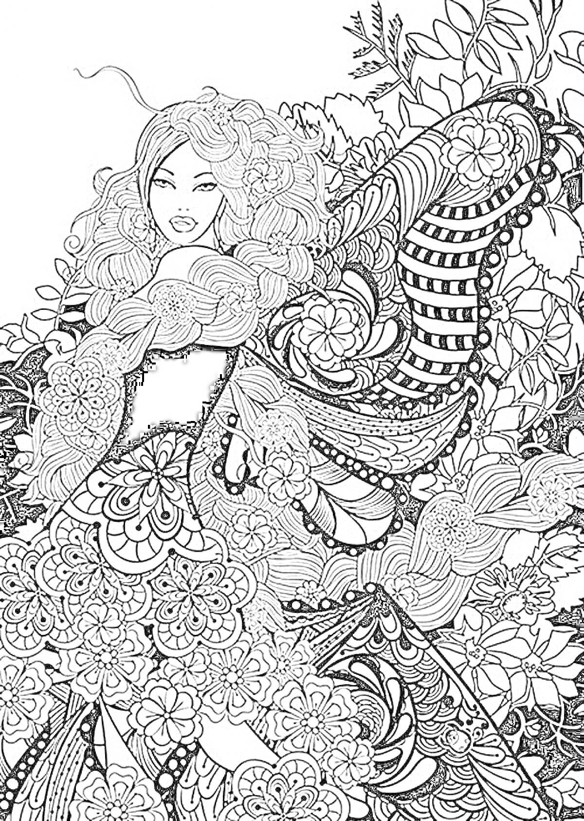 На раскраске изображено: Антистресс, Цветы, Узоры, Длинные волосы, Природа