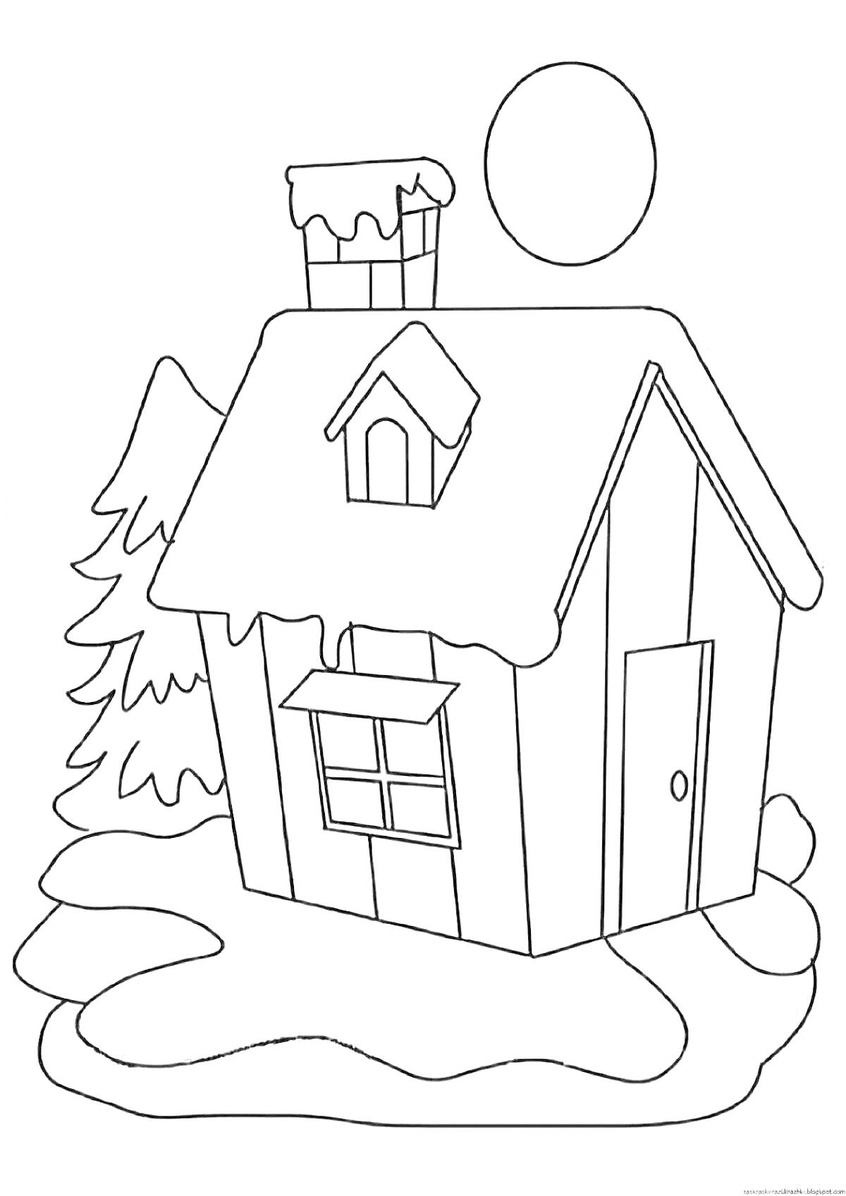 На раскраске изображено: Зимний домик, Труба, Сугробы, Снег, Солнце, Дверь