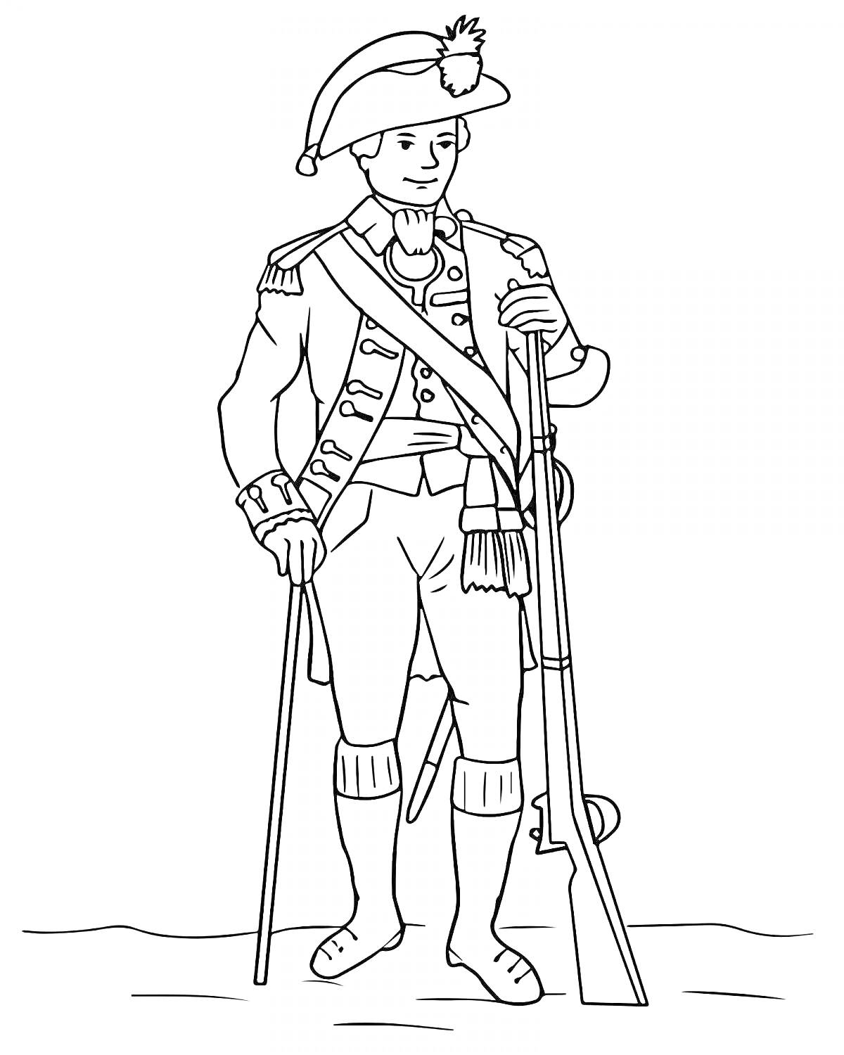 Раскраска Солдат с ружьем и шпагой в исторической форме, стоящий с посохом