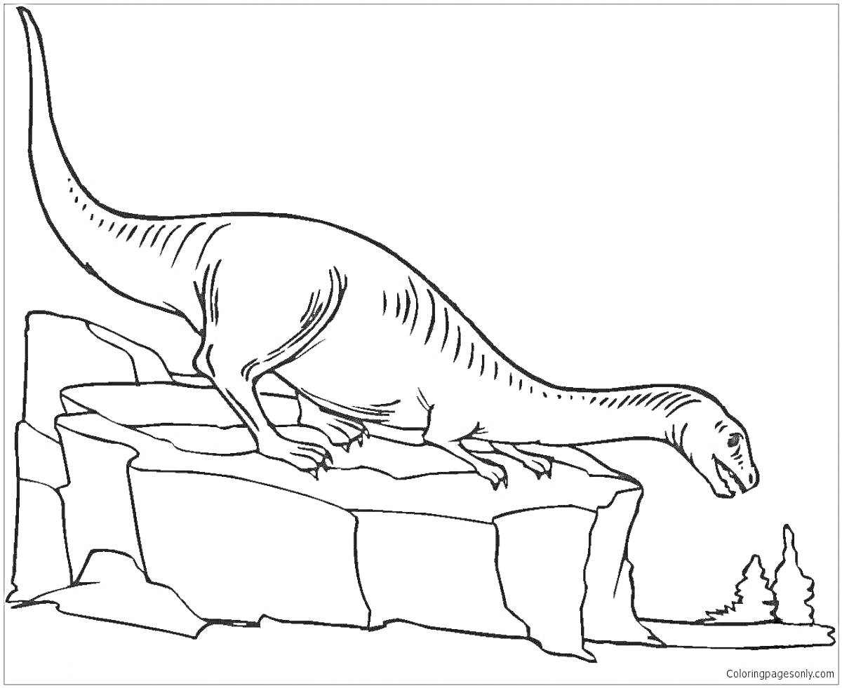 Раскраска Травоядный динозавр на скале с деревьями на заднем плане
