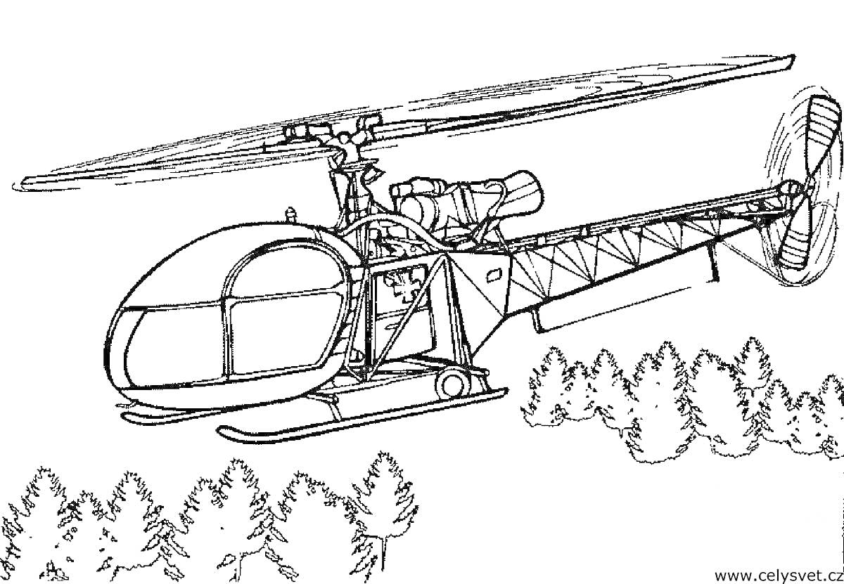 Раскраска Вертолет в полете над лесом